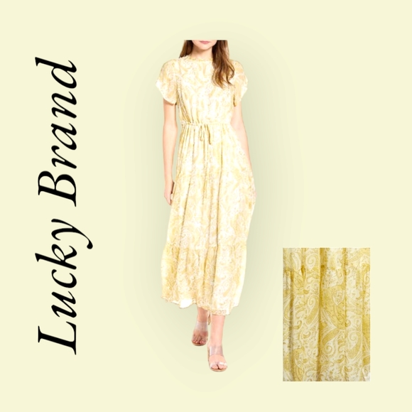 LUCKY BRAND Designer Ariel Yellow Paisley Peasant Tiered Maxi Dress!! NWT!! - Picture 6 of 13